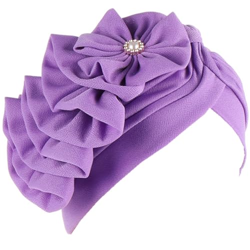 Flower Turban Hats for Women - Ruffle Bead Stretch Solid Caps Chemo Cancer Pre Tied Headscarf Headwear - color: Light Purple
