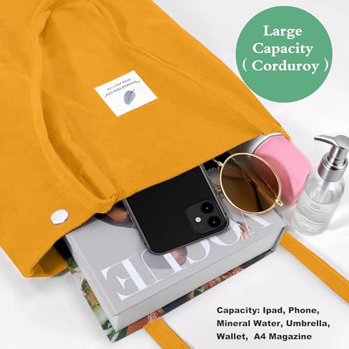 Corduroy Tote Bag for Women Small Canvas Shoulder Purse Cord Handy Bag with Inner Pocket | with Front Pocket - color: 02 Yellow
