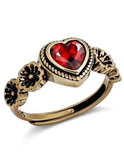 14K Gold Plated Heart Ring - Vintage Red Gemstone Ring for Women, Adjustable Garnet Birthstone Jewelry with Floral Detailing for Christmas and Valentine's Day Gifts