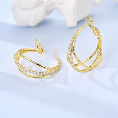 Parmuz 925 Sterling Silver Earrings Hoops for Women Ladies Simple Lightweight Twisted Medium Hoop Earrings With Cubic Zirconia Hypoallergenic Jewelry for Her - color: Gold