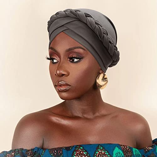 African Women Turban Caps Beanie Pre-Tied Twisted Braids Headwraps for Women Head Scarf Chemo Cancer Headwear Cap - color: 3 Pack Twisted Braid: Black/Dark Grey/Dark Brown