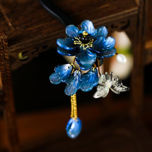 Blue Plum Blossom Resin Hairpin with Wooden Stick Elegant Tassel Chinese Hanfu Style Hair Fork for Women Girls