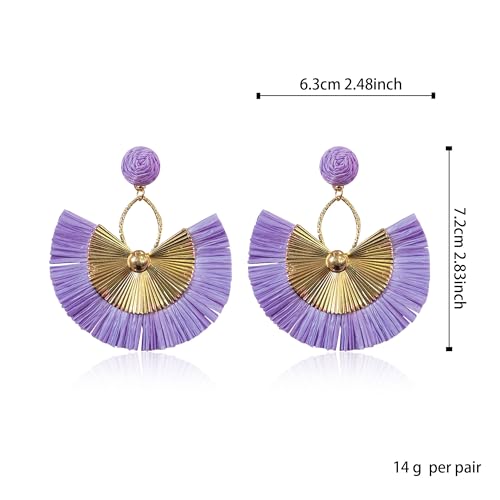 Anmpab Straw Fan Bohemian Tassel Earrings for Women Trendy Colorful Fringe Summer Beach Statement Earrings - color: Violet