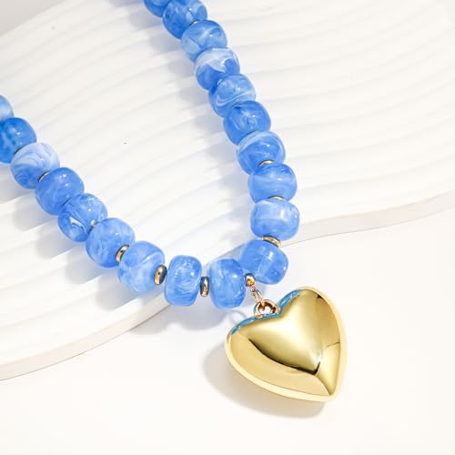 WOWORAMA Chunky Heart Necklaces for Women Colorful Resin Beaded Choker Necklace Gold Puffy Heart Statement Necklace Trendy Acrylic Choker Jewelry - color: Light-Blue