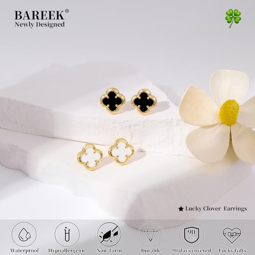 Elegant Black Onyx Clover Stud Earrings, 14K Gold Plated Four Leaf Hypoallergeinc Stud Stainless Steel Flower Earring Lucky Simple Jewelry Gift for Women Shiny Multiple Onyx Colors - color: White Clover Stud Earrings