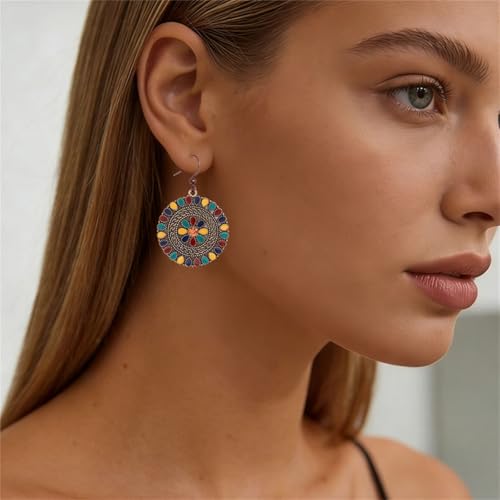 MALOYANVE Vintage Boho Circular Flower Dangle Earring, Handmade Bronze Tribal Round Enamel Floral Drop, Bohemian Ethnic Statement Jewelry Gift for Women - color: Muticolor Red