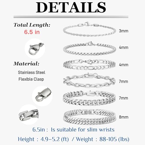 XIANNVXI 6pcs Bracelets for Men Gifts for Him Stainless Steel Bracelet Silver/Gold/Black Cuban Link Rope Paperclip Chain Bracelets Set 6.5/7/7.5/8.3/9 Inches Metal Bracelet Mens Fashion Accessories Jewelry Gifts Set - color: Silver, size: 6.5 in-Women X-S