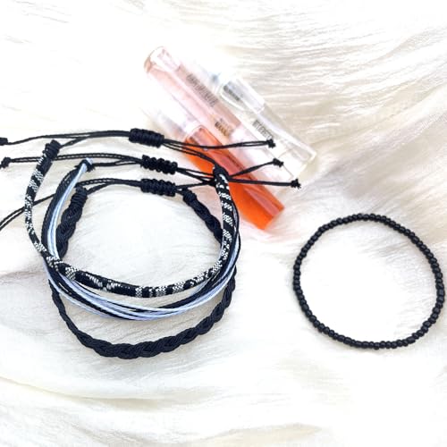 Beach Summer Ankle Bracelet for Women Handmade Braided Adjustable String Anklets Waterproof Surfer Bracelet - color: Black