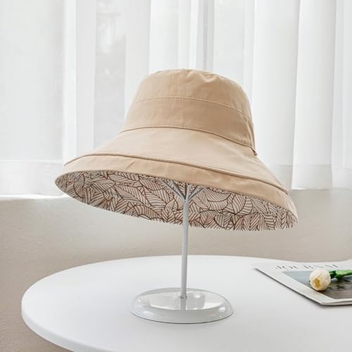HUAMULAN Women Summer Sun Hat Wide Brim Wired Edge Floral Beach Bucket Hats Reversible Foldable Travel UV Protection Lady Hat - color: Beige