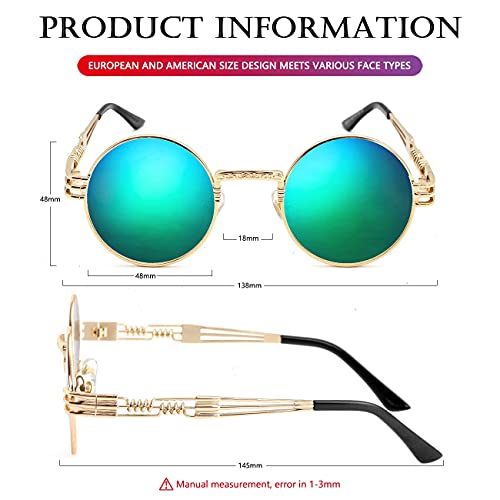 AIEYEZO Round Steampunk Sunglasses for Men Women Retro Circle Hippie Glasses Metal Frame 100% UV Blocking Lens - color: Gold/Green Mirror