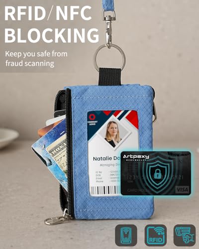 Artpaxy Minimalist Wallet For Mens Womens, Keychain RFID Blocking Zipper Small Wallet with ID Window 2 Lanyards,Water Resistant Travel Cash Card Coin Case Boys Girls - color: Light pink purple+Light blue, style: Casual