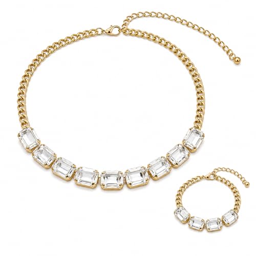 Fashionable Chunky Plated Tennis Rhinestone Statement Necklace Jewelry Set for Women Multicolor gem necklace with Great Sparkle and Shine Design for Women to Easy Match - color: WHITE rhinestone necklace