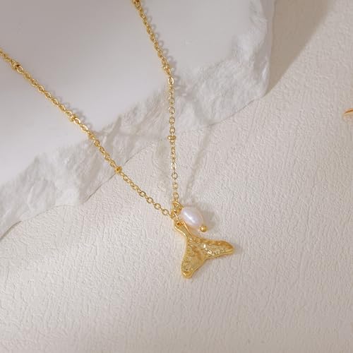Ewrkbr Gold Necklace for Women,14K Gold Plated Shell Starfish Beach Necklaces Cute Boho Pendant Necklace Fashion Summer Waterproof Pearl Jewelry for Women - color: NK-fishtial