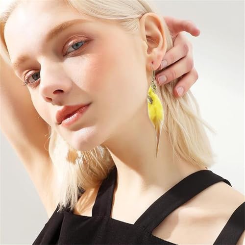 Bohemian Handmade Natural Long Feather Dangle Earrings for Women Multicolor Tassel Feathers Dangle Drop Earrings Vintage Bohemian Earrings Boho Feather Earrings - color: Yellow