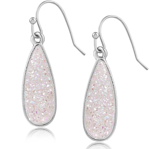 Teardrop Dangle Earrings for Women with Simulated Druzy Stones, in Gold or Rose Gold Tone - color: Silver - White Created Opal