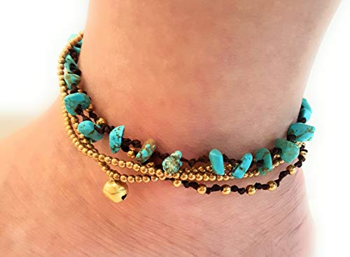 Infinityee888 Turquoise Anklet Bracelet with Bell Stone Handmade Brass Bead Bells Indian Boho Anklet for women -JA076