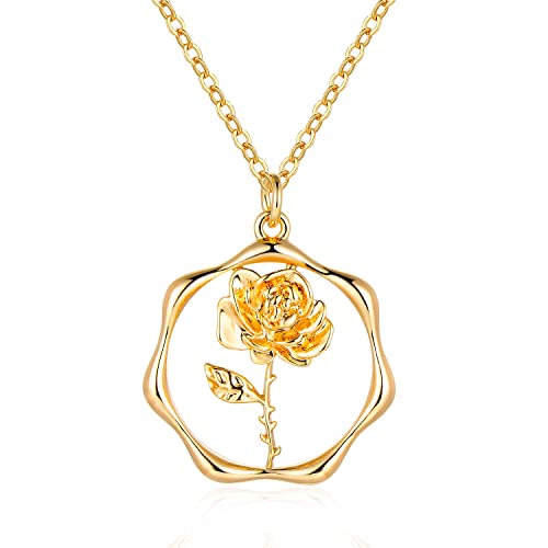 Gold Necklace for Women Birth Flower Necklaces 18K Gold Plated Custom Birth Month Floral Necklaces Birthday Gifts for Women - style: Gold-06-Rose