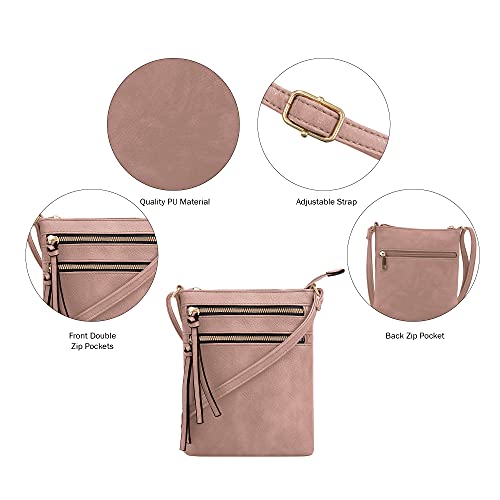 DELUXITY Crossbody Purse Bag Shoulder Bag Multi Pocket Zipper Purse - color: Mauve