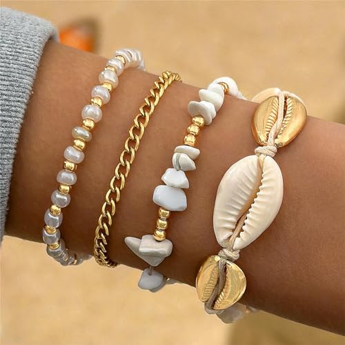 ZMANYIJEW Shell Ankle Bracelet Set for Women, Boho Pearl Adjustable Anklet,Beaded Layered Ankles Bracelets Shell Pendant Elastic Foot Chain Anklets for Women - style: 4pcs