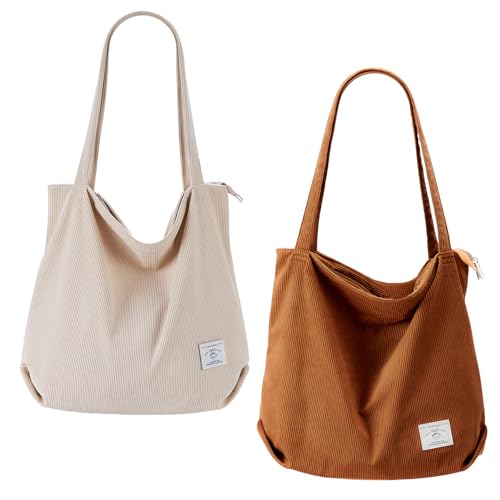 KALIDI Women Corduroy Tote Bag Zipper Casual Tote's Handbag Big Capacity Shoulder Bag with Pockets - color: White+black