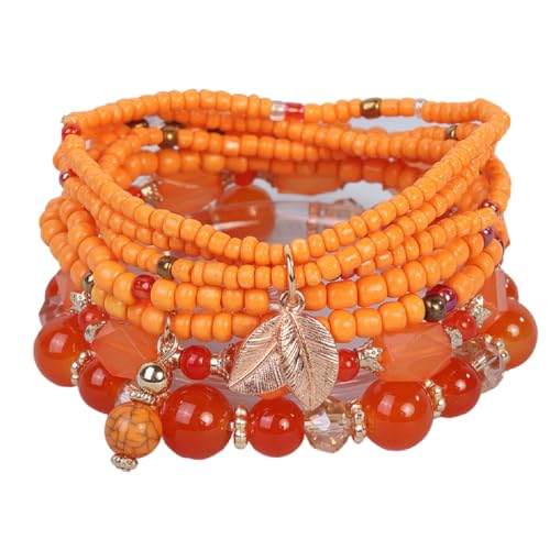Caiyao 4Pcs Bohemia Multilayer Stackable Beaded Bracelets Set Colorful Crystal Stone Gold Beaded Stretch Bracelets Hawaii Charm Bracelet for Women Men Summer Beach Boho Vacation Jewelry Gifts - color: 7pcs orange