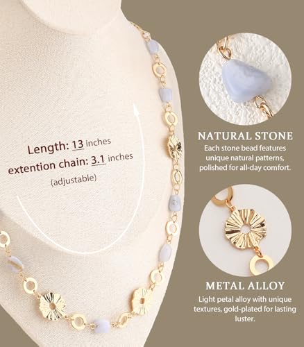Long Gold Necklaces for Women Dainty Natural Stone Beaded Gold Necklace Mothers Day Gifts Boho Gold Costume Jewelry for Women - color: Light Grey Blue