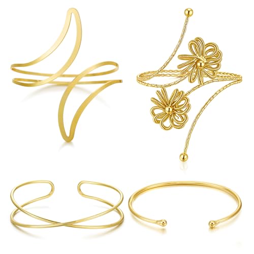 YVVLEE 4PCS Gold Silver Arm Cuff Jewelry for Women Upper Arm Cuff Bangle Band Armlet Adjustable Minimalist Coil Arm Armband Set - color: B