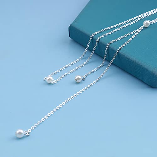 Boho Pearl Back Chain Necklace Silver Layered Backdrop Necklace Body Chain Pearl Bridal Back Drop Chain Summer Beach Body Jewelry for Women (Silver) - color: Silver