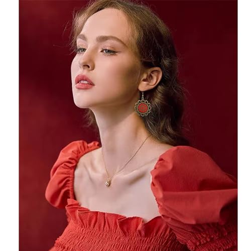 Bohemian Lightweight Vintage Copper Enamel Flower Hollow Dangle Drop Earrings Handmade Retro Circle Floral Hook Earrings For WomenJewelry Gifts - color: Red