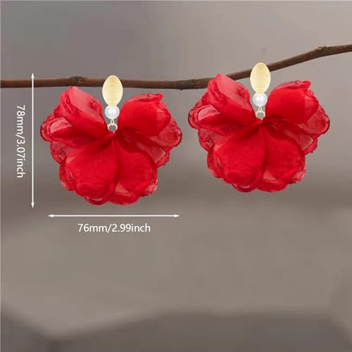 Handmade Fabric Flower Petal Fringe Dangle Drop Earrings Bohemian Floral Tassel Stud Earrings For Women - color: Red