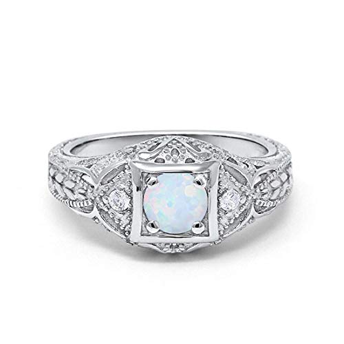 Blue Apple Co. Art Deco Ring Round Cubic Zirconia Leaf Filigree Design Split Shank Twisted Band Bridal Statement Wedding Engagement Rings For Women 925 Sterling Silver Gifts For Her - color: Lab White Opal