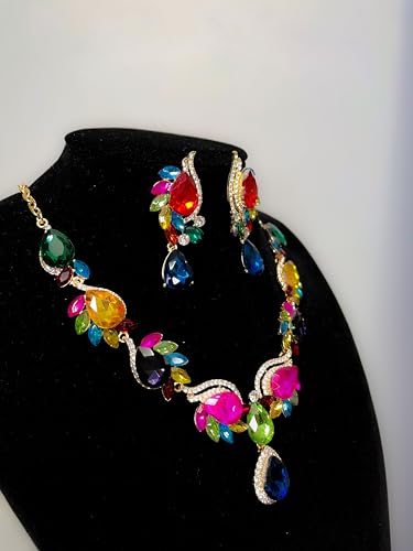 Women Jewelry Set Rhinestone Crystal Bride Statement Choker Necklace Teardrop Cluster Dangle Earrings Set for Wedding Prom Party - color: Colorful
