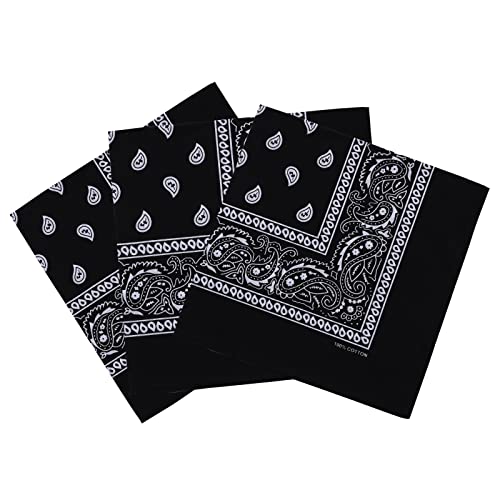 Cotton Bandanas for Men & Women Paisley Cowboy Bandana Handkerchiefs for Hair 22x22 - color: 3pcs Black