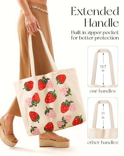Miss Adola Embroidery Tote Bag with Pocket & Buckle - Reusable Canvas Tote for Women Cute Aesthetic Work Shopping Grocery Bag - style: Strawberry