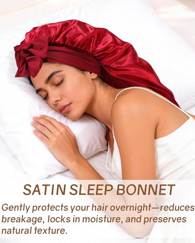 AWAYTR Long Satin Bonnet for Braids - Elastic Silk Hair Bonnets for Sleeping Night Cap Stretchy Tie Band for Women（Wine Red） - color: Wine Red