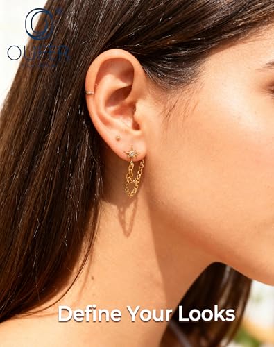 OUFER 16G Chain Cartilage Piercing Jewelry-316L Surgical Steel Gold Flat Back Push Pin Helix Earring, Star Clear CZ Double Chain Lobe Piercing Jewelry - style: Star-Gold