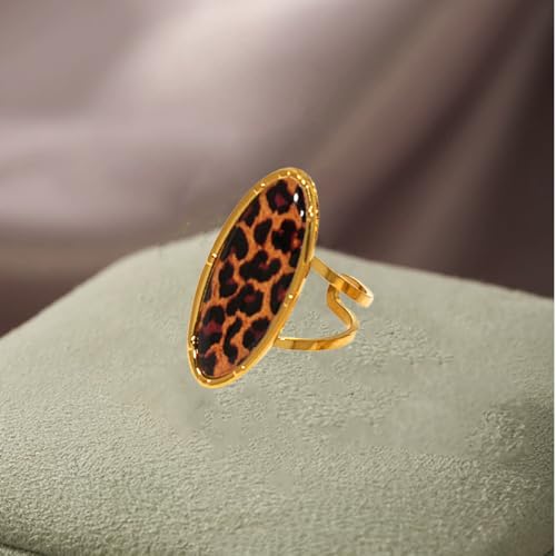 Boho Leopard Print Gold-Tone Statement Ring for Women Trendy Vintage Geometry Oval Adjustable Ring Unique Open Band Comfort Fit Punk Style 80/90s Costume Jewelry Y2K Cocktail Party Prom Accessories