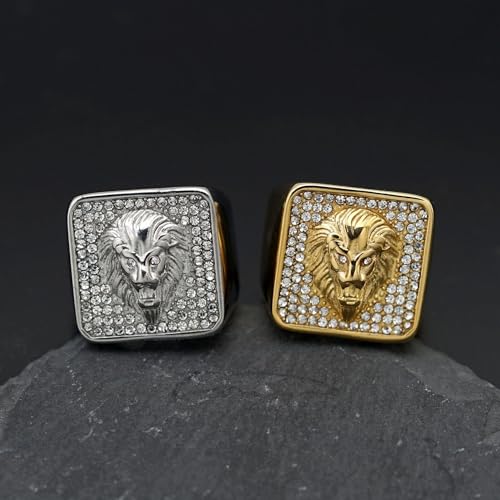 Vintage Fuax Diamond Carved Lion Head Signet Gold Plated Ring for Men,Animal Stainless Steel Iced Out Bling Square Top Thumb Pinky Ring,Pink Biker Cool Ring Fashion Pirate Rocker Jewelry