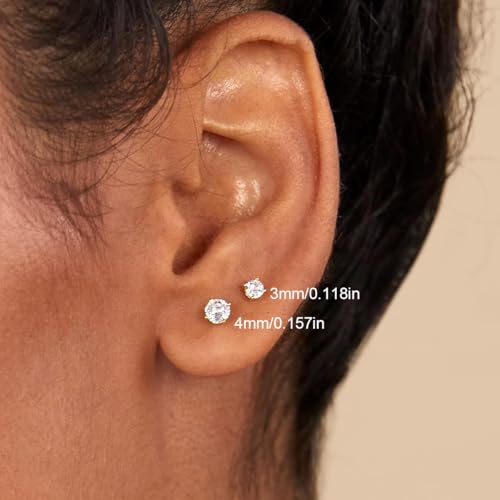 Gold Hoop Earrings Set: Dainty Stud Earrings 14K Gold Plated Earrings for Women Trendy Hypoallergenic Gold Stud Earrings 3-4mm Cubic Zirconia Cartilage Piercing Gold Jewelry for Women Gifts - color: Gold-CZ-4mm