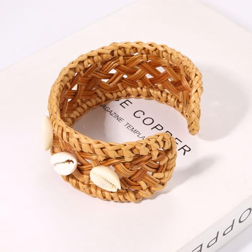 Rattan Bracelet Handmade Lightweight Straw Wicker Braid Cuff Bangle Bracelet Statement Adjustable Bohemian Rattans Woven Chunky Bracelets for Summer Wrist Jewelry - style: H Rattan Shell Bracelet