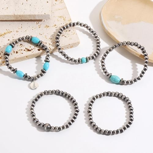 Coiris 5 Pcs Navajo Pearls Bracelet for Women Turquoise Boho Vintage Montana Western Bracelets Native American Jewelry - style: Turquoise