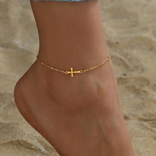 Cross Anklets for Women, 18K Gold Plated Dainty Ankle Bracelets with Colorful Beads Pearl Anklet, Adjustable Religious Christian Satellite Cross Chain, Waterproof Boho Summer Beach Jewelry - style: Satellite Cross-Gold