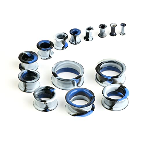 WBRWP 20/28pcs Ear Stretching kit Set: Hollow Hard/Soft Silicone Plugs and Tunnels Ear Expander Gauges Stretcher Body Piercing Jewelry - style: 28pcs Thick/Mixed Black&White&Blue