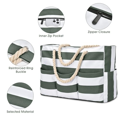 Becokan Beach Bags for Women Canvas Large Beach Tote Bag Zipper Waterproof Sandproof Foldable Swim Pool Bag with 7 Pockets - color: Army Green