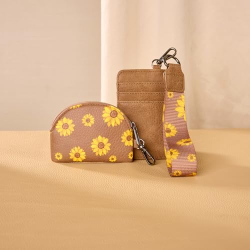 Wrangler KeyChain Wristlet Wallets for Women Sunflower Floral Dual Pouch Wristlet Western Credit Card Holder Wallet with Zipper Pocket - color: Sunflower Khaki