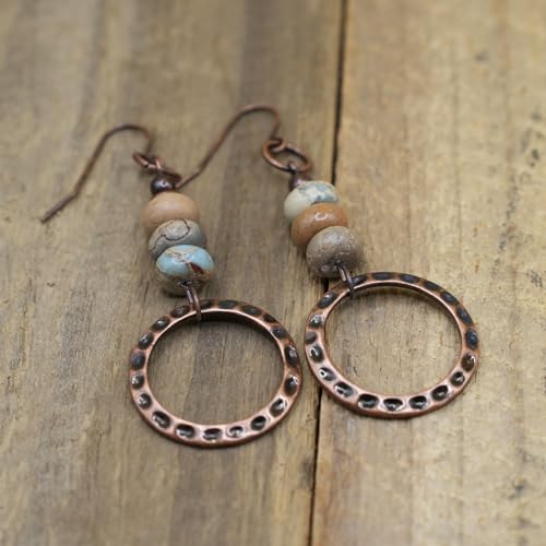 Boho Earrings for women, Hammered Copper Earrings, Bohemian Beaded Gemstone Rustic Jewelry, African Opal Earrings Handmade - style: Hammerd Hoop
