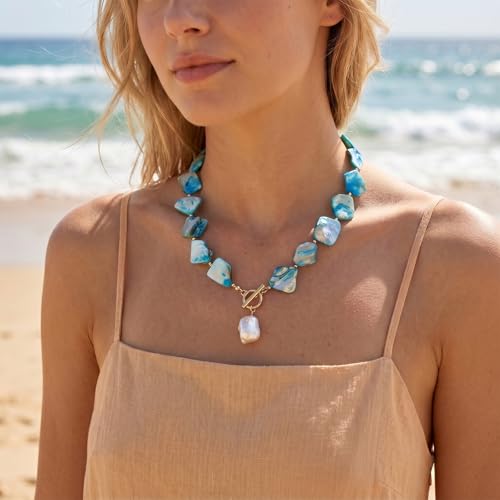 Chunky Shell Choker Necklace for Women,Natural Irregular Pearl Beaded Beach Necklaces,OT Buckle Pearl Pendant Choker,Bohemian Beach Necklace,Summer Beach Vacation Jewelry Gift for Women - color: Blue