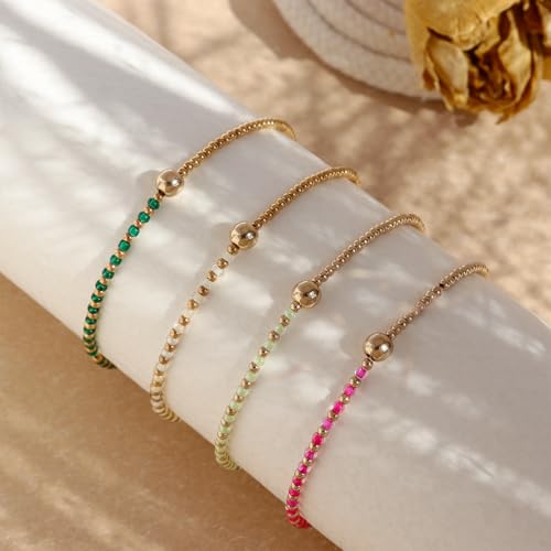 Gold Beaded Stackable Friendship Bracelets Set for Women, Handmade Boho Stretch Summer Jewelry Gift. - color: gold green fuchsia white