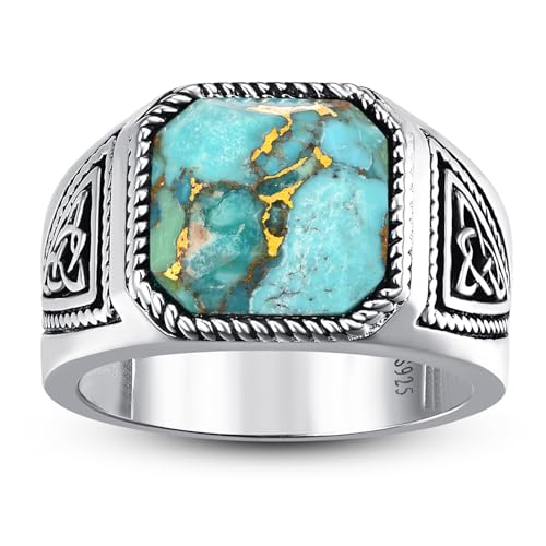 7ct Vintage Teal Turquoise|Emerald|Black Onyx Ring for Men 925 Sterling Silver Men Rings 11mm Square-Cut Mens Cocktail Rings Celtic Pattern Band for Dad Father Size 7-12 - color: Y-Customizable Name-Irish Celtic Knot-Genuine Teal Turquoise