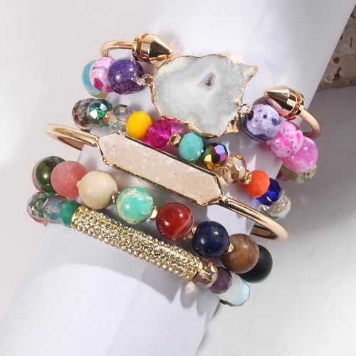 Yomisa 5PCS 6PCS Natural Boho Beaded Bracelets/Bangle for Women Men,Healing Turquoise Jasper Agate Crystal Gemstone Stone Chakra Multilayer Wrap Bohemian Handmade Jewelry Beads Stretch Bracelet Set - color: 6PCS-Colorful